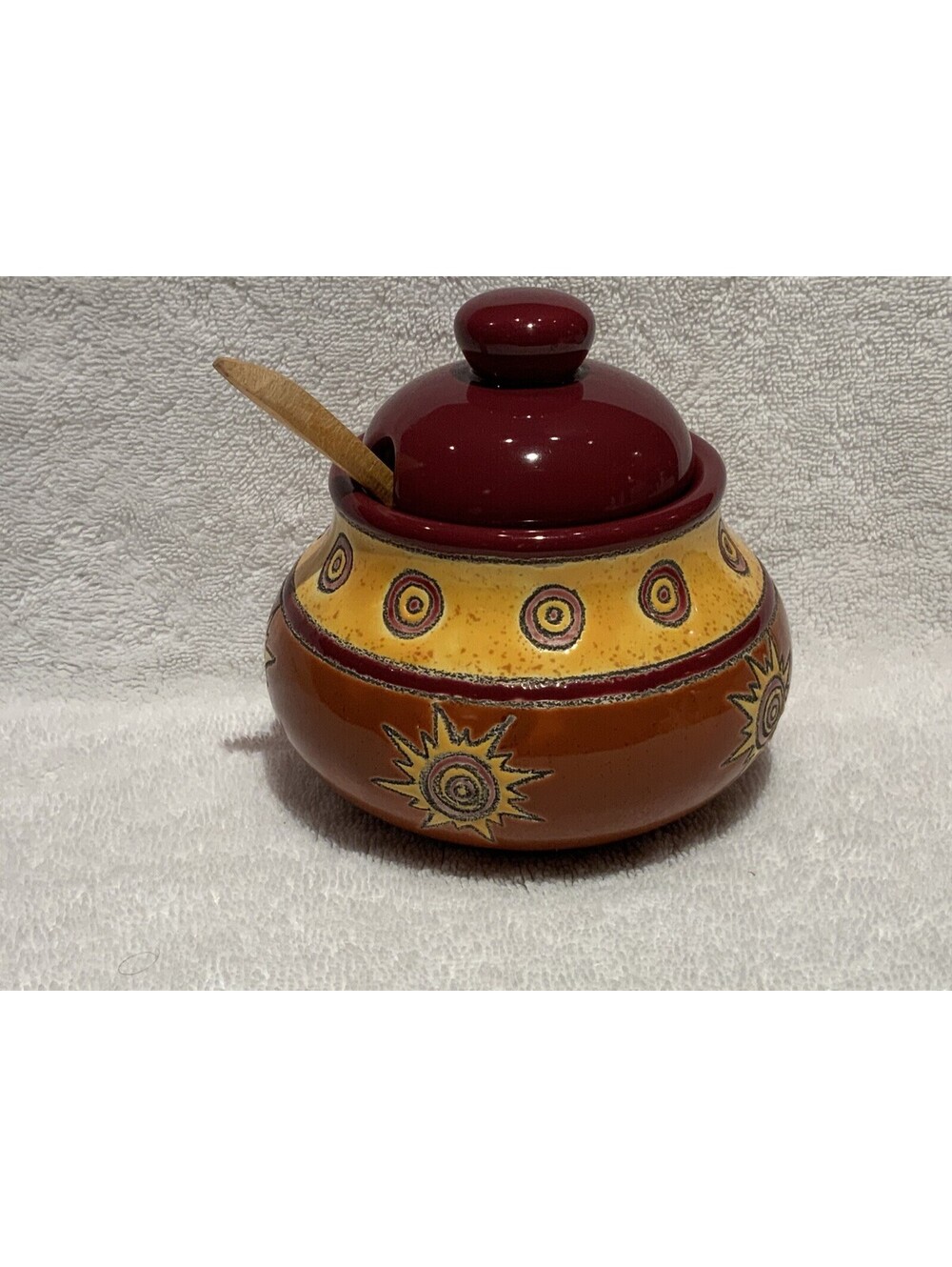 Vintage Mid Century Modern Ecuadirian Artesa Lidded Suger Bowl with Wooden Spoon
